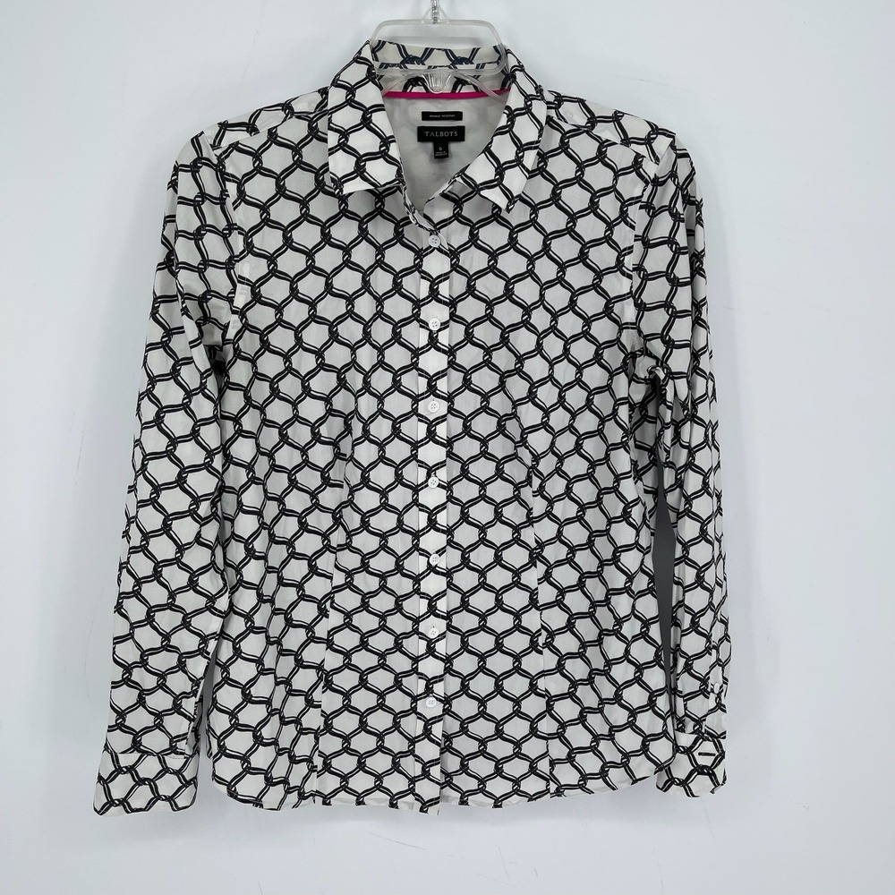 Talbots Women's White Black Chain Link Smart Casual Button Front Shirt Size 6